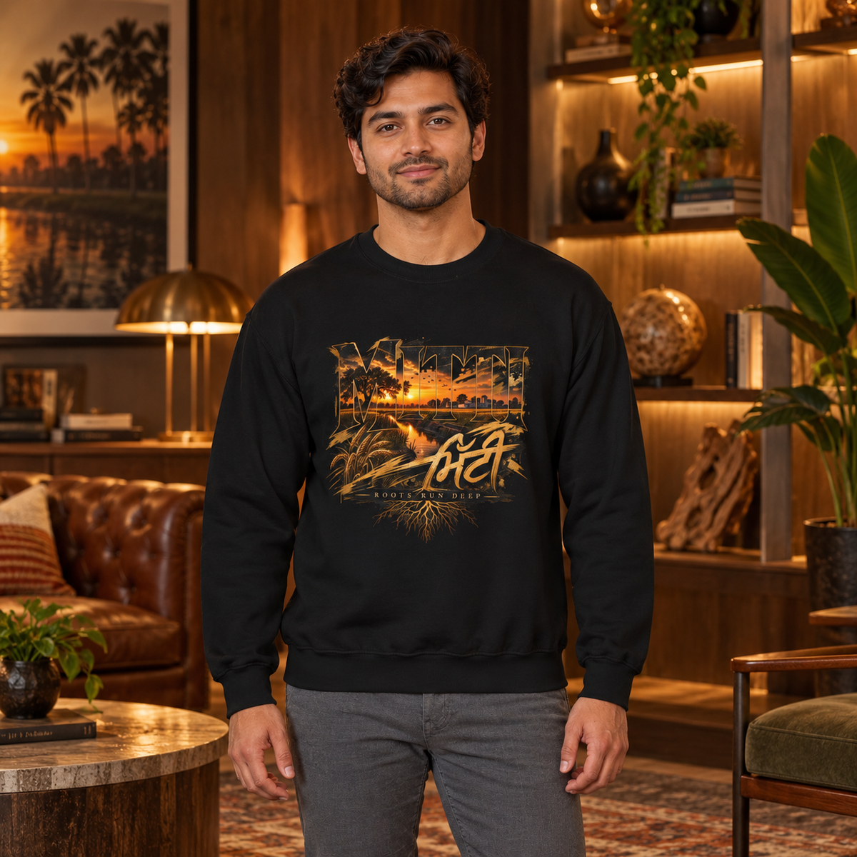 Crewneck Sweatshirt - Vintage Sunset Beach Graphic with 'AFT' Script — premium centered mockup 5