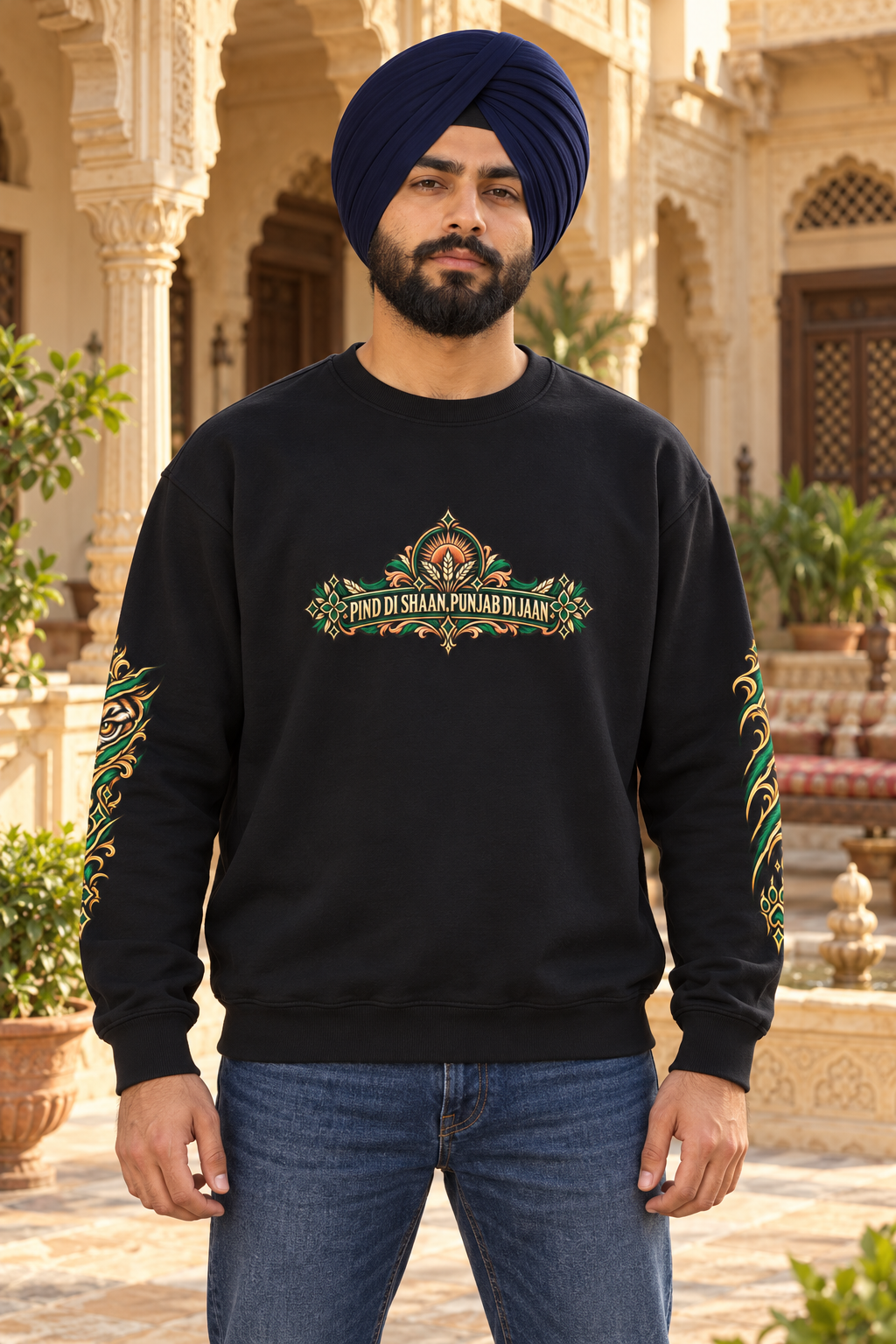 Pind Di Shaan Punjab Di Jaan black sweatshirt, centered chest emblem and tiger sleeve prints, premium setting 1