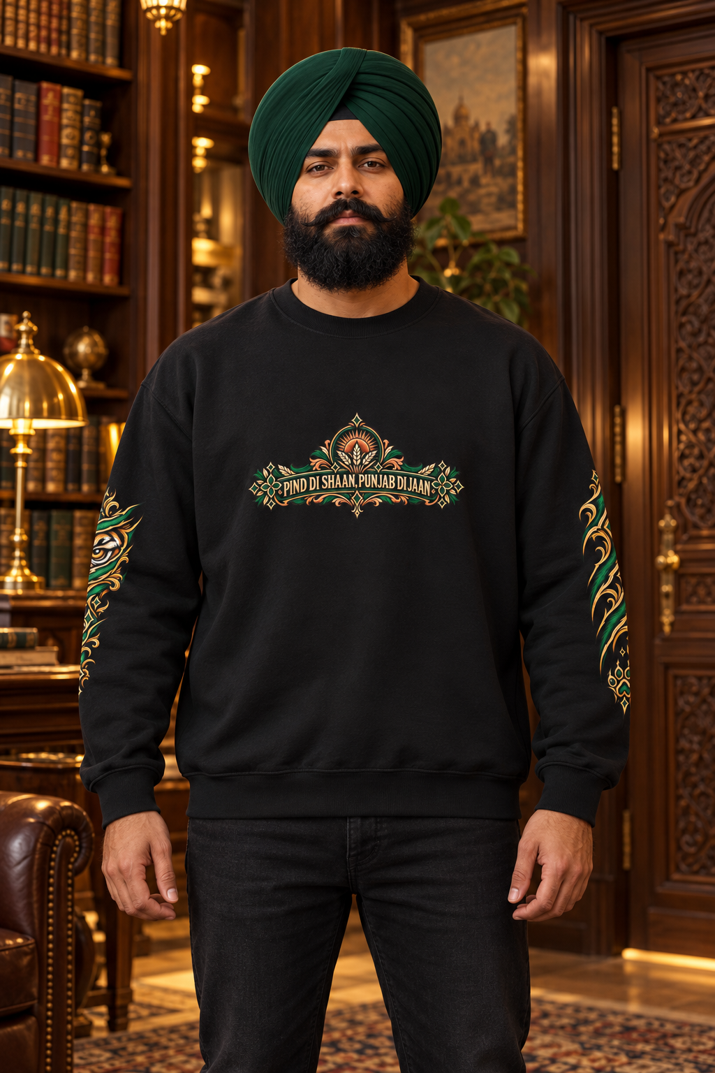 Pind Di Shaan Punjab Di Jaan black sweatshirt, centered chest emblem and tiger sleeve prints, premium setting 2