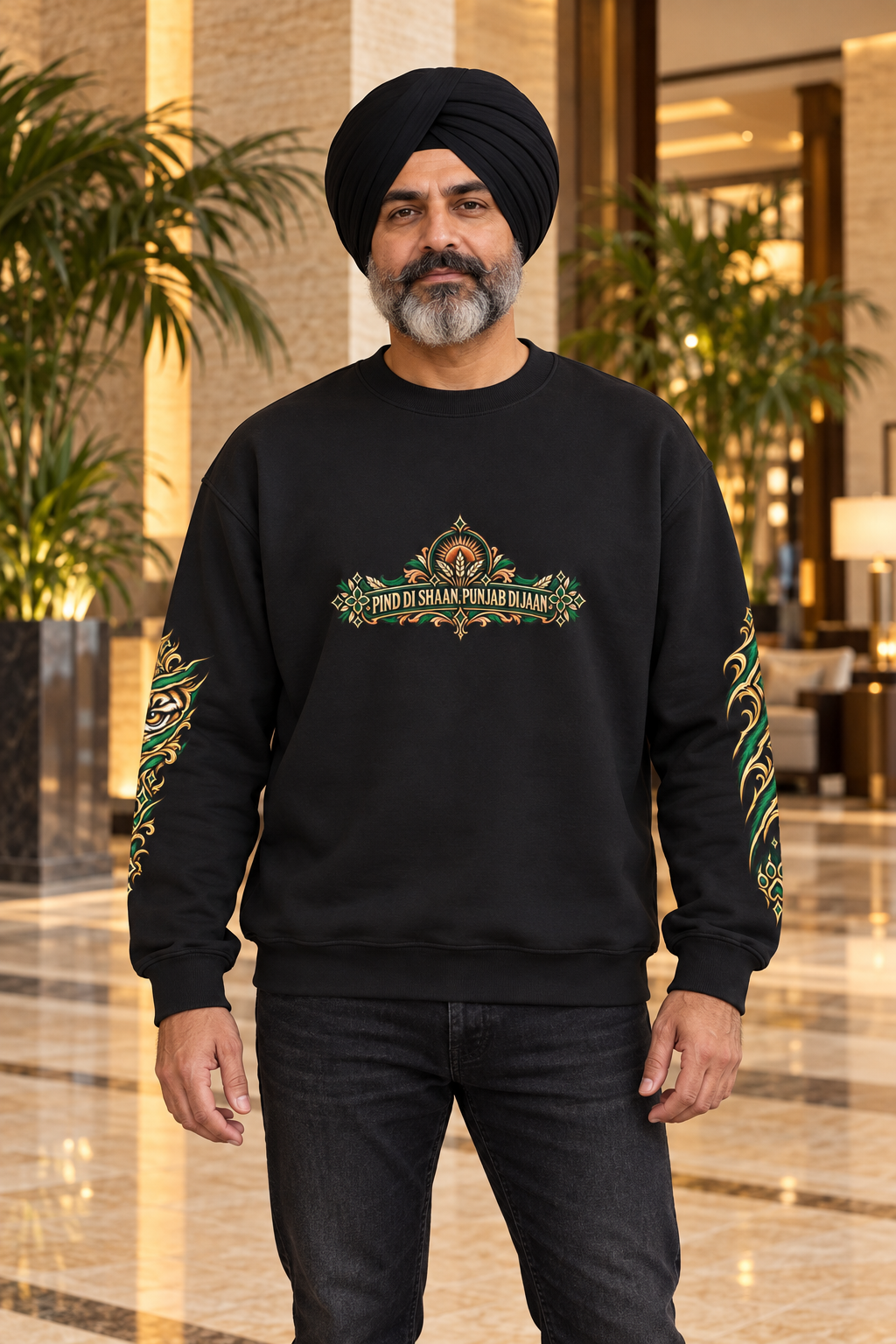 Pind Di Shaan Punjab Di Jaan black sweatshirt, centered chest emblem and tiger sleeve prints, premium setting 3