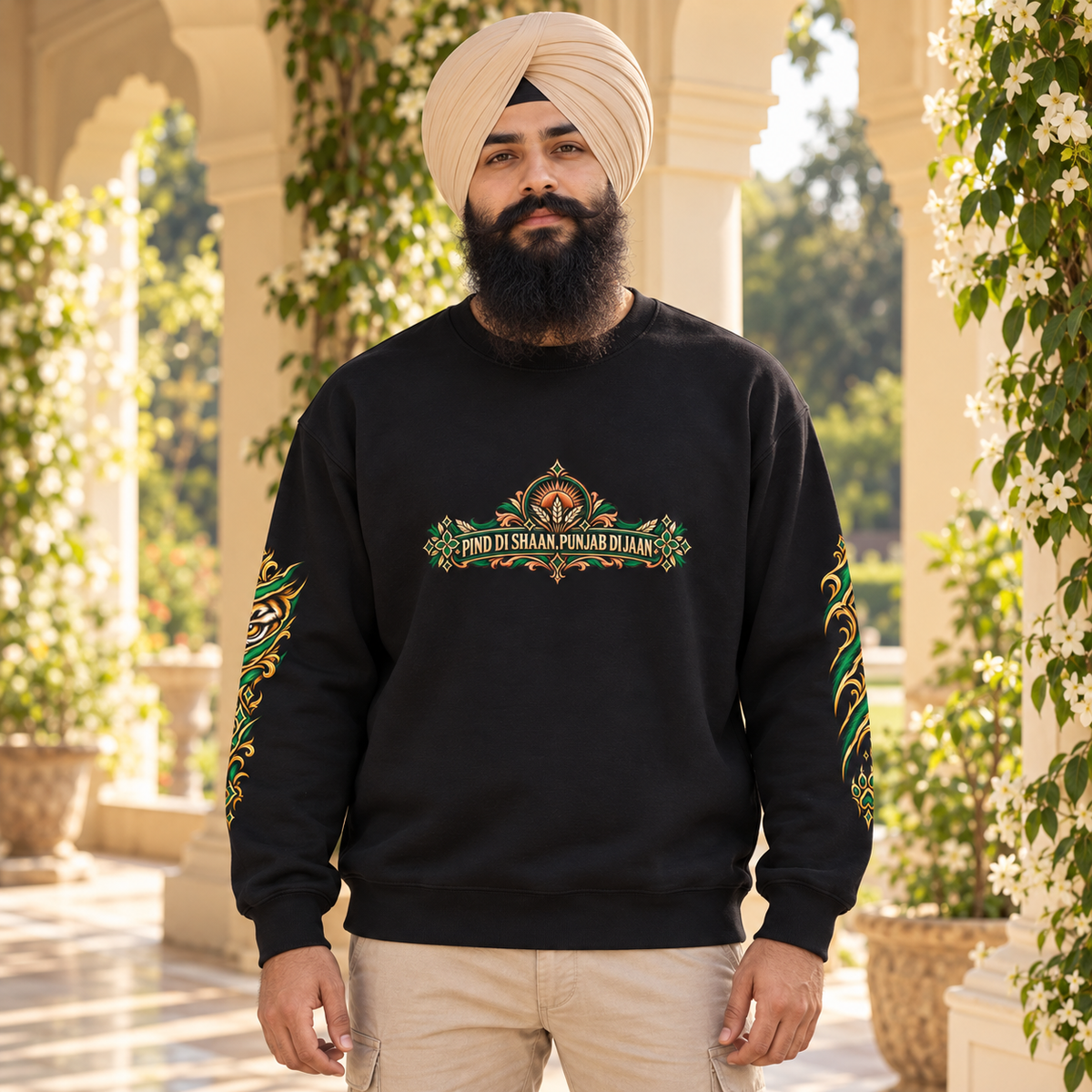 Pind Di Shaan Punjab Di Jaan black sweatshirt, centered chest emblem and tiger sleeve prints, premium setting 4