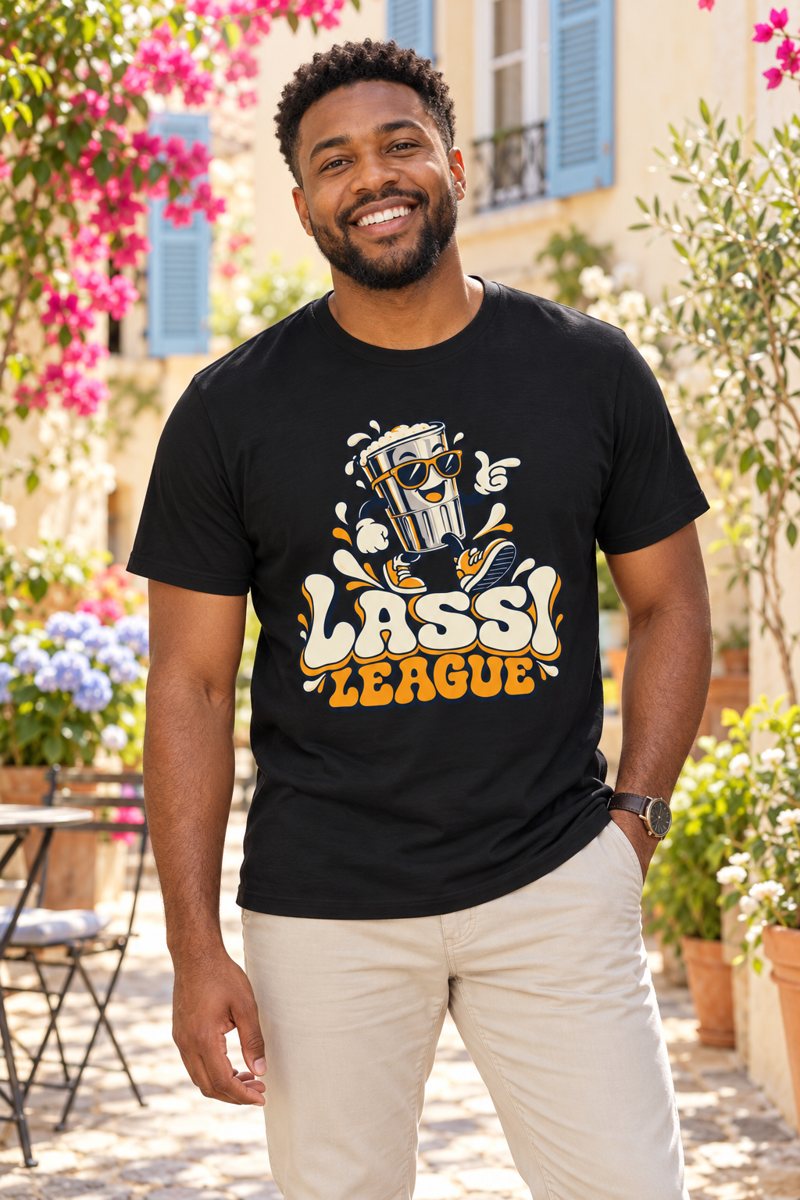 Lassi League Graphic T-Shirt | Punjabi Lassi Art — premium human model mockup 1 with scenic background