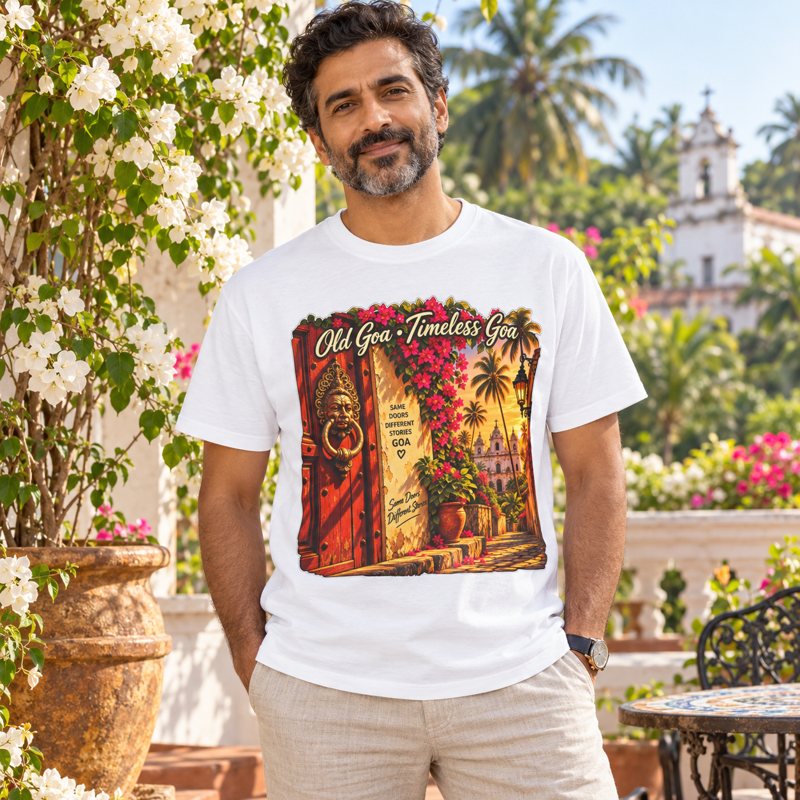 Mai Bas Konkani Garment-Dyed T-Shirt | Goa — premium human model mockup 1 with scenic background