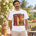 Mai Bas Konkani Garment-Dyed T-Shirt | Goa — premium human model mockup 1 with scenic background