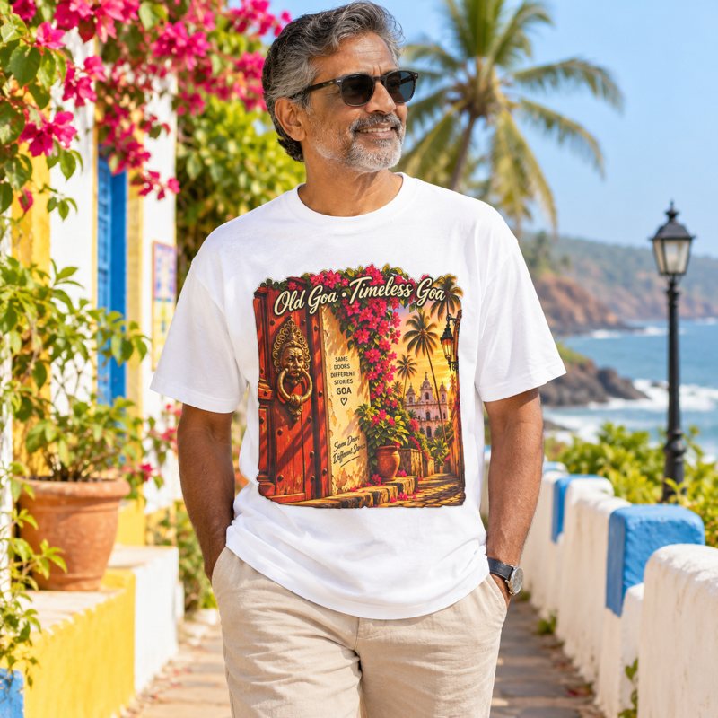 Mai Bas Konkani Garment-Dyed T-Shirt | Goa — premium human model mockup 2 with scenic background