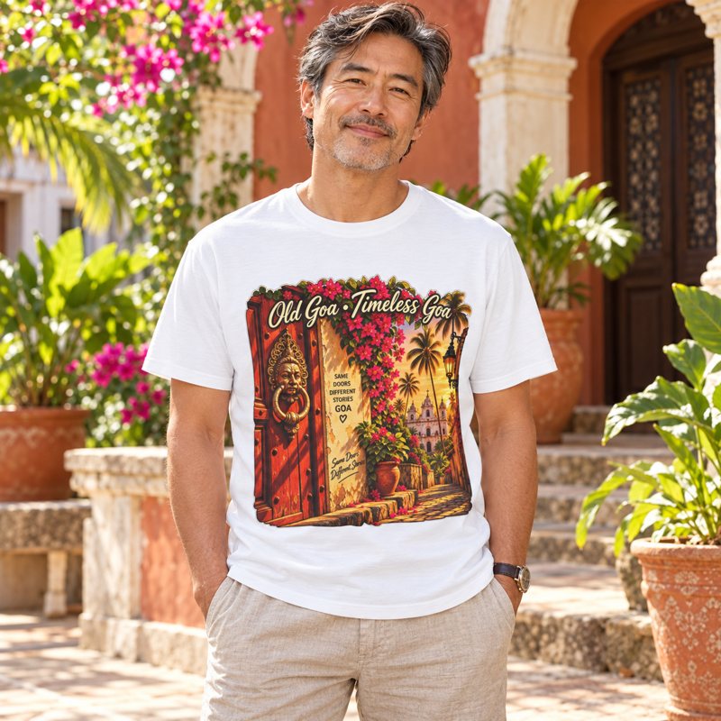 Mai Bas Konkani Garment-Dyed T-Shirt | Goa — premium human model mockup 3 with scenic background