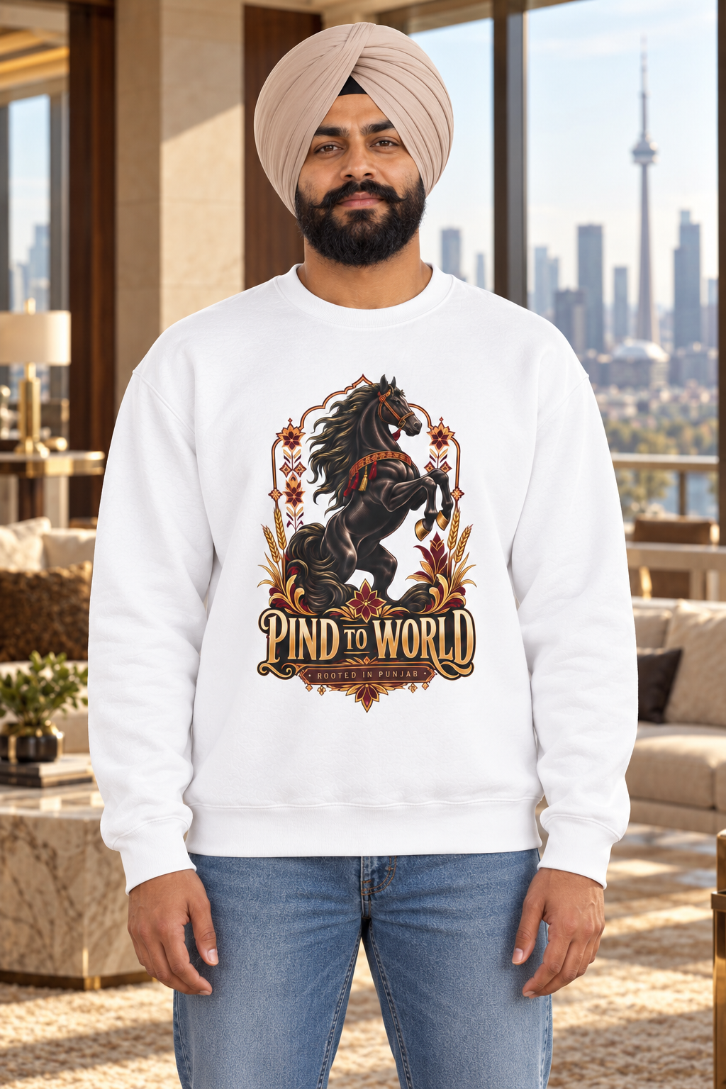 Pind to World horse sweatshirt on Sardar model in a luxury Toronto penthouse
