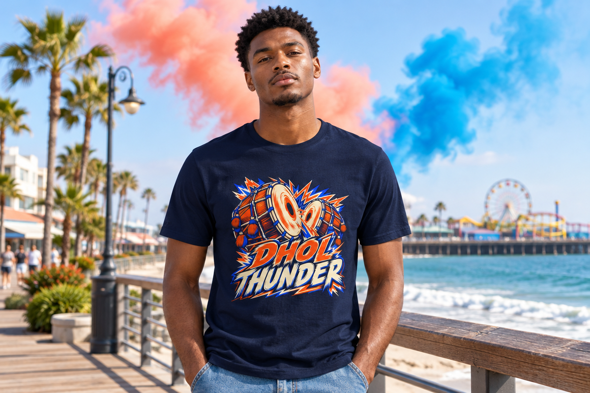 Dhol Thunder T-Shirt | Punjabi Dhol Drums — premium model mockup 2 with colored smoke background