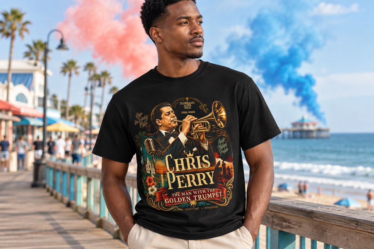 Chris Perry Golden Trumpet Graphic Garment-Dyed T-Shirt — premium model mockup 2 with colored smoke background