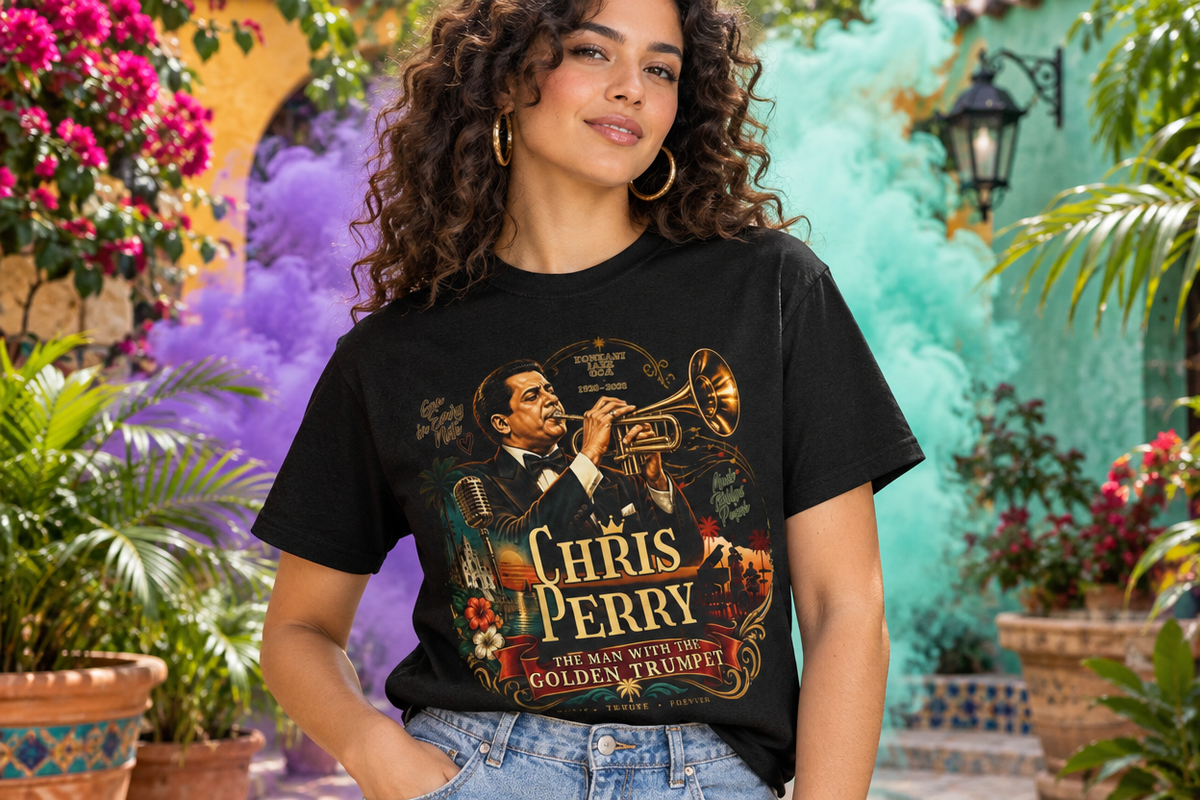 Chris Perry Golden Trumpet Graphic Garment-Dyed T-Shirt — premium model mockup 3 with colored smoke background