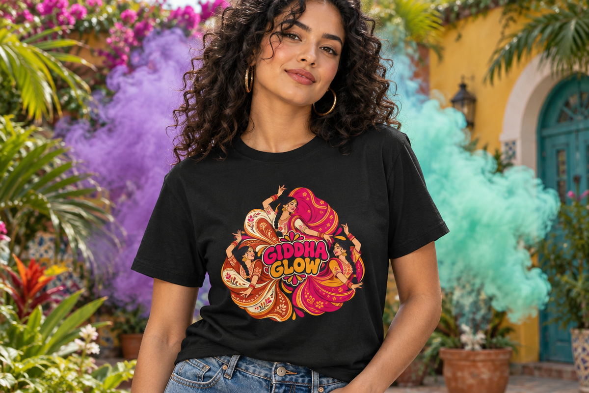 Giddha Glow Punjabi Dance Graphic T-Shirt | Jersey Tee — premium model mockup 3 with colored smoke background