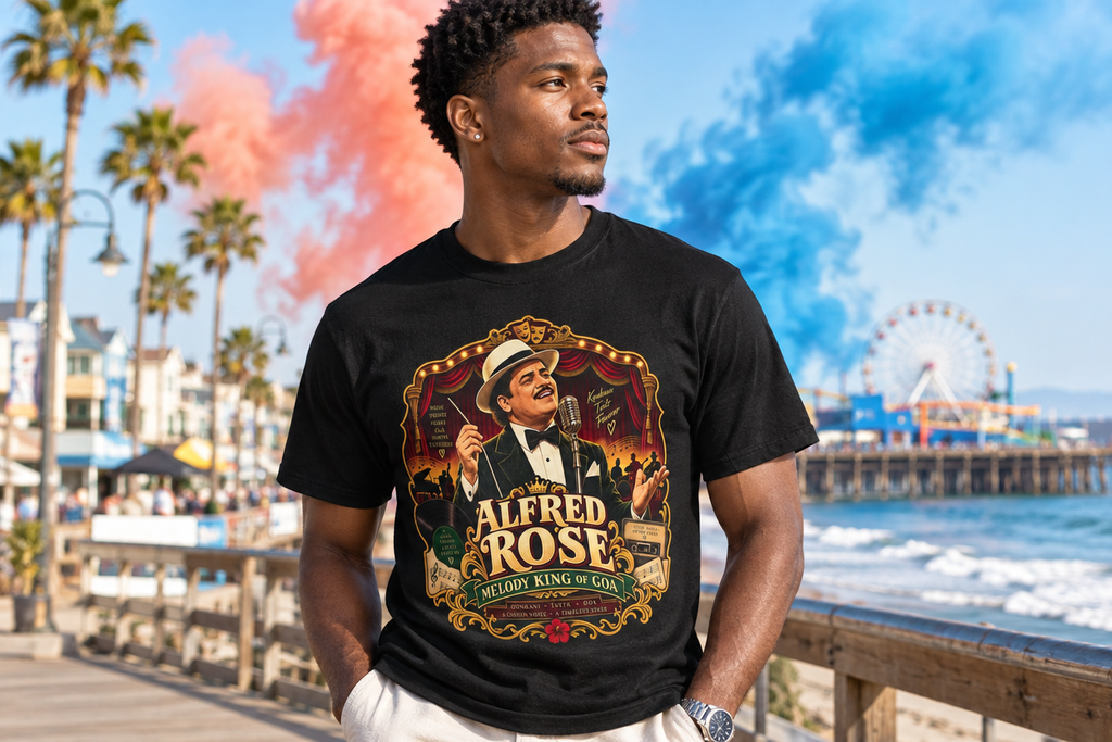 Alfred Rose Vintage Goan Music Graphic T-Shirt — premium model mockup 2 with colored smoke background