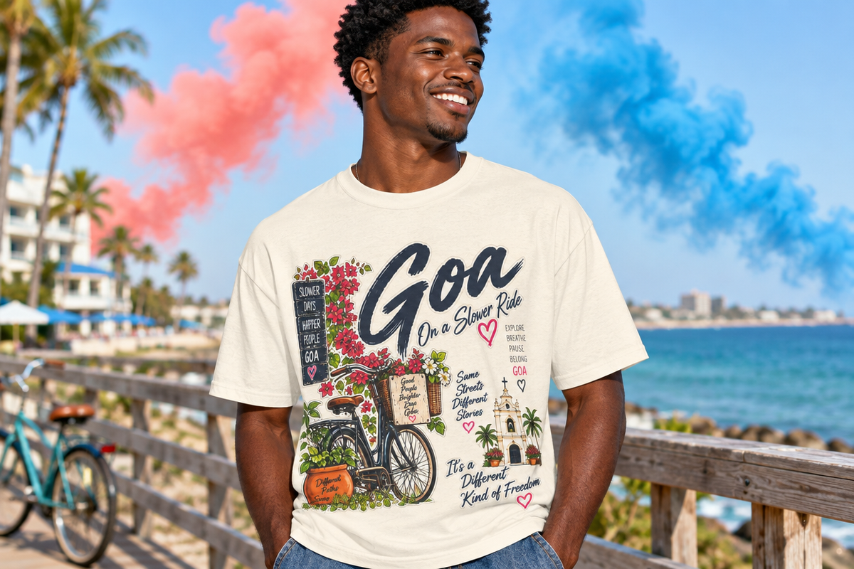 Goa On a Slow Ride Garment-Dyed T-Shirt | Bicycle Art — premium model mockup 2 with colored smoke background