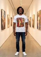 Standing lifestyle mockup with a model wearing the Mai Bas Konkani Garment-Dyed T-Shirt | Goa design