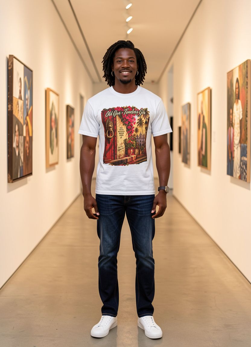 Standing lifestyle mockup with a model wearing the Mai Bas Konkani Garment-Dyed T-Shirt | Goa design