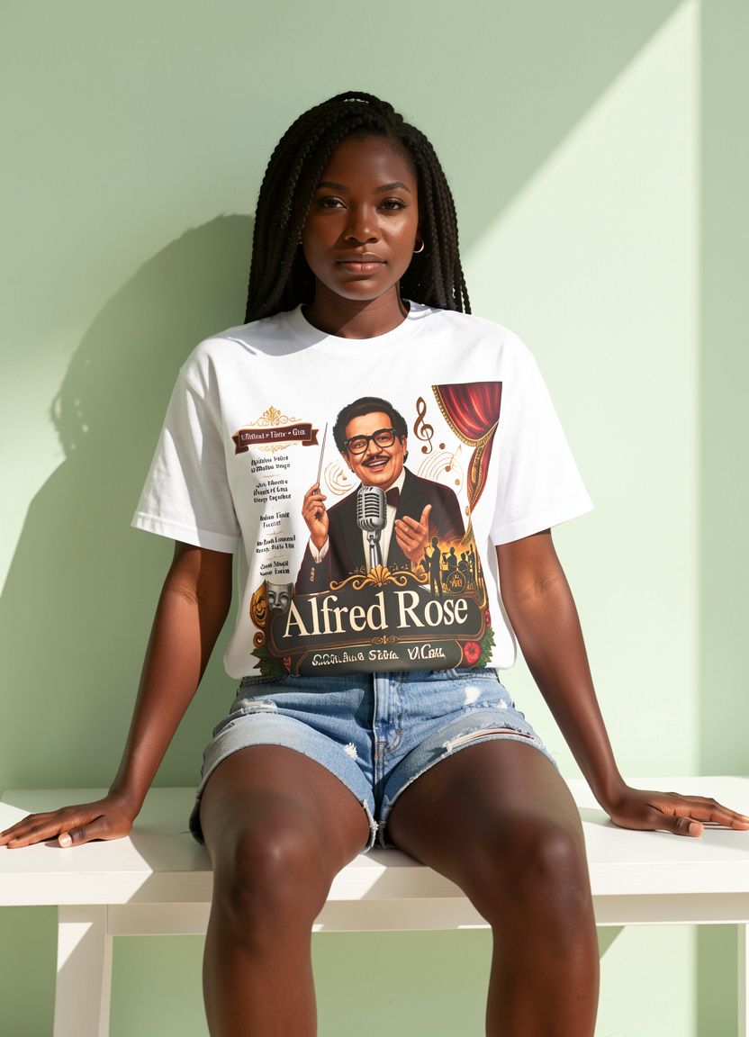 Sitting lifestyle mockup with a model wearing the Alfred Rose Garment-Dyed T-Shirt | Vintage Music design