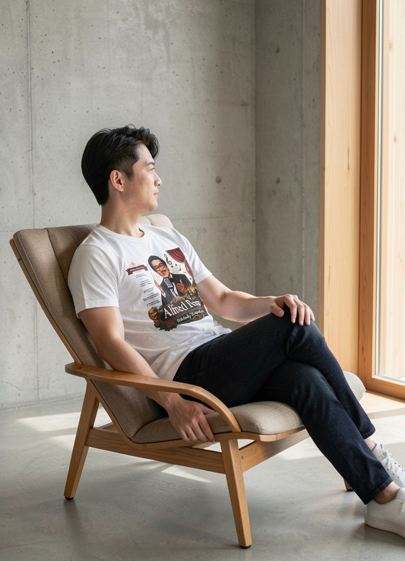 Sitting lifestyle mockup with a model wearing the Alfred Rose Graphic T-Shirt | Retro Goan Music design