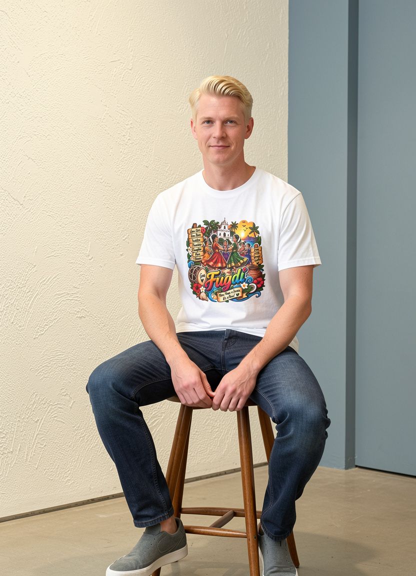 Sitting lifestyle mockup with a model wearing the Goemcho Swag | Goan Heritage Jersey T-Shirt design