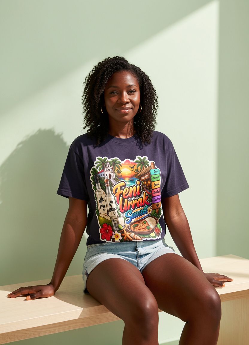 Sitting lifestyle mockup with a model wearing the Susegad 24x7 | Goan Heritage Garment-Dyed T-Shirt design