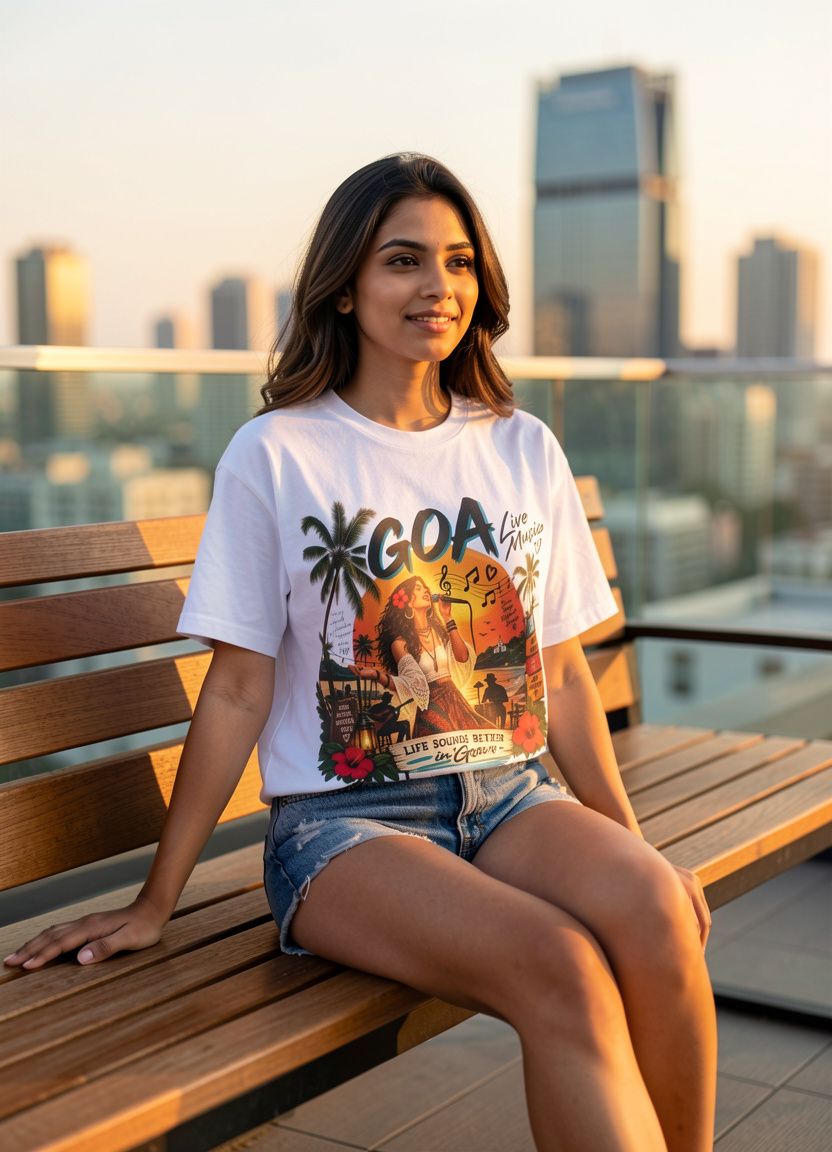 Goa Live Music graphic T-shirt on a seated model in an urban outdoor setting
